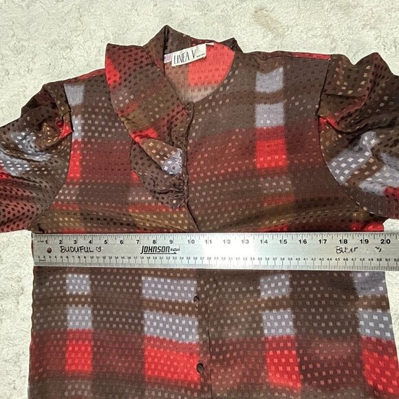 Vintage 80s Linea V Womens Size 10 Secretary Blouse Long Sleeve Jacquard Brown - Picture 6 of 8